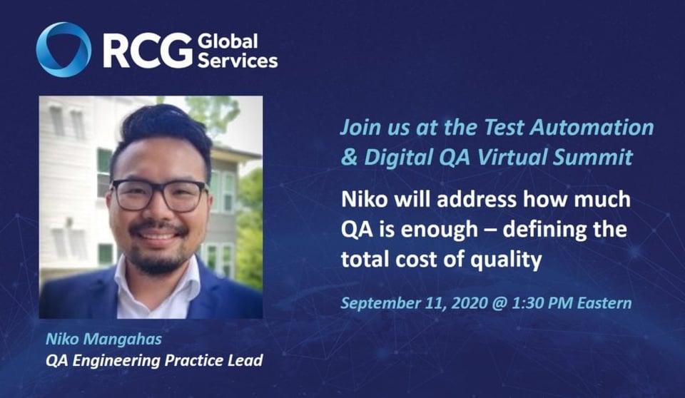 Event information to learn from QA Engineering Practice Lead, Niko Mangahas, in September 2020